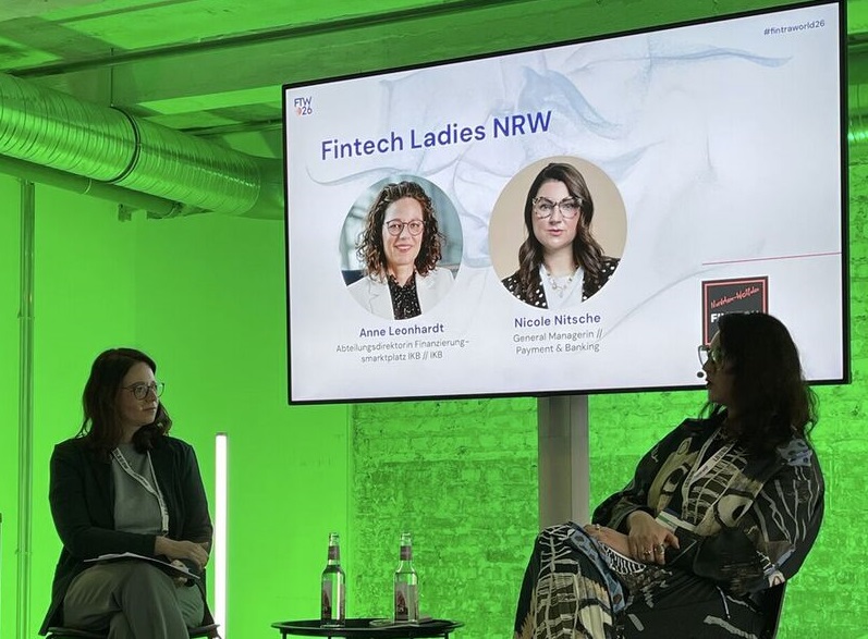 Nicole Nitsche and Anne Leonhardt on stage at FinTraWorld 2026, Fintech Ladies NRW panel on women in finance and career development